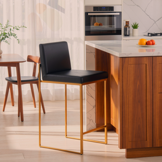 Sunvega Gold Steel and Black Faux Leather High Back Counter Stool Set of 2
