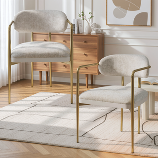 Sunvega Beige Chenille and Gold Arm Chair Set with Metal Legs and Marble Top