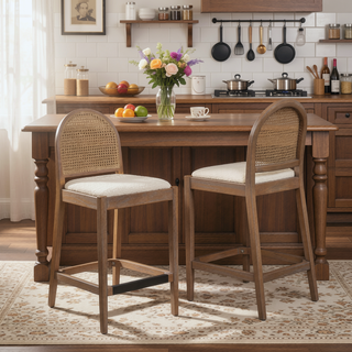 Sunvega Natural Oak and Cane Rattan Counter Stools with Black Boucle Upholstery