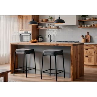 Sunvega Set of 2 Grey Fabric Barstools with Black Metal Legs for Counter Height