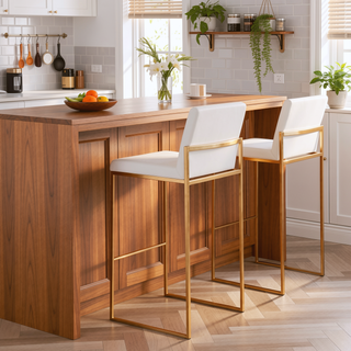 Sunvega Fuji High Back Barstool Set of 3 in Gold Steel and White Velvet