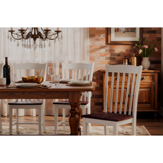 Sunvega Walnut Wooden Grooved Top White Base Rectangular Leg Dining Table Set