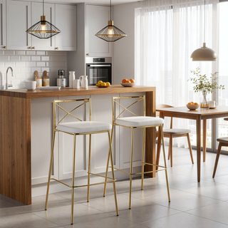 Sunvega Modern Charlotte Gold Metal Frame and White Faux Leather Barstool Set of 2