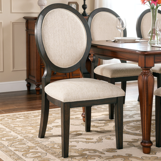 Sunvega Dark Cocoa Oval Back Dining Side Chair with Cream Chenille Upholstery and Welt Trim