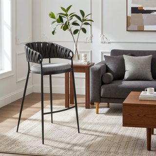 Sunvega Black Metal Bar Stool with Gray Faux Leather Back and Fabric Seat