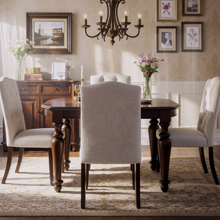 Sunvega Beige Linen Upholstered Dining Chairs with Weathered Espresso Wooden Legs Set of 2