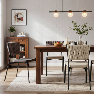 Sunvega Braided Tania Contemporary Dining Chairs with Faux Leather Upholstery and Black Metal Frame in Set of 2