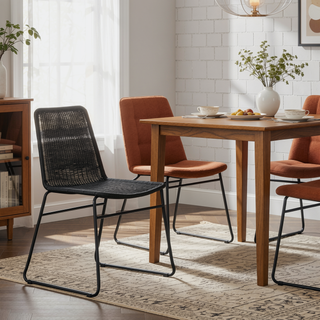 Sunvega Brown Faux Rattan Metal Dining Chair with Sled Base Set of 2