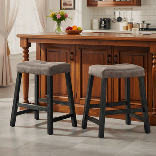 Sunvega Distressed Wooden Farmhouse Barstools with Faux Leather Seat, Counter-Height