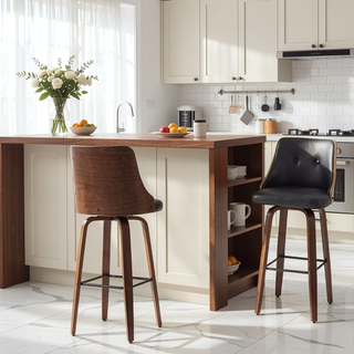 Sunvega PU Leather Swivel Barstools with Tufted Back and Footrest Set of 2 Black