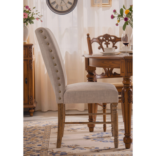Sunvega Cream Linen Upholstered Parson Chair with Weathered Oak Wooden Legs Set of 2