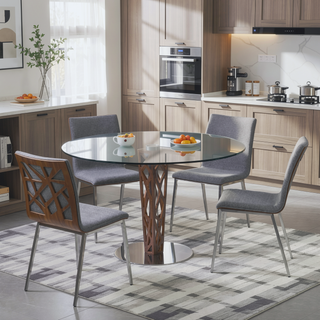 Sunvega Brushed Stainless Steel Dining Chairs with Gray Fabric and Walnut Back - Set of 2