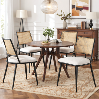 Sunvega Mid-Century Modern Dining Chairs with Rattan Backrest & Thick Boucle Cushion