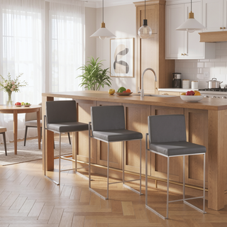 Sunvega Contemporary High Back Counter Stool Set of 3 with Faux Leather Upholstery