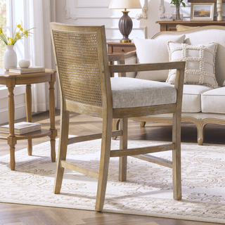 Sunvega Reclaimed Natural Finish Solid Wood Cane Back Counter Stool with Upholstered Seat