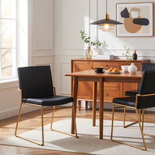 Sunvega Contemporary Gold Steel and Black Faux Leather Upholstered Dining Chairs Set of 2