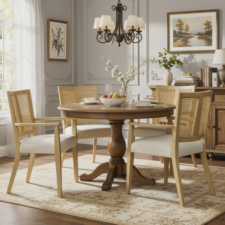 Sunvega Mid-Century Modern Cane Back Arm Dining Chairs with Upholstered Seat Set of 2