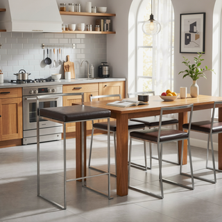 Sunvega Contemporary Brushed Stainless Steel Stackable Counter Stools with Brown Faux Leather