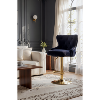 Sunvega Velvet Bar Chair Stool with Diamond Lattice Back and Golden Lion Head Pull Ring