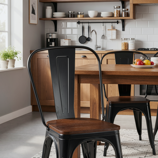 Sunvega High Gloss Black Industrial Metal Dining Chairs with Walnut Wooden Seat