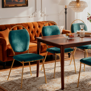 Sunvega Keyhole Design Gold Metal Frame and Green Velvet Upholstery Dining Chair Set