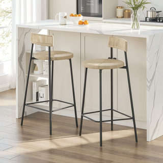 Sunvega Hand Woven Paper Rope Bar Stools with Backrest and Footrest for Kitchen Island