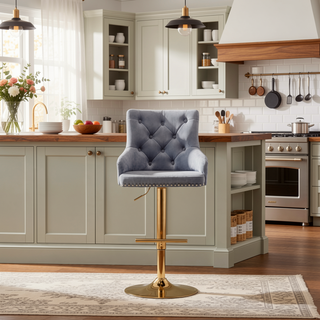 Sunvega Adjustable Swivel Bar Stool with Velvet Upholstery and Gold Base