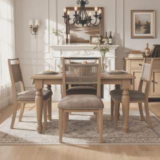 Sunvega Toffee Wood Finish Rope Back Chairs with Camel Upholstered Seats Set of 2