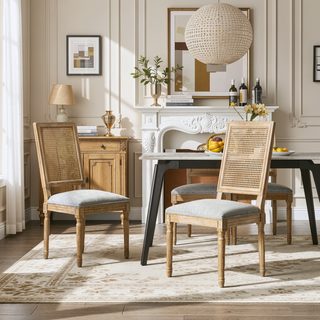 Sunvega French Country Dining Chairs with Cane Backrest Upholstered Seats and Fluted Legs