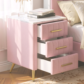 Sunvega Upholstered Wooden Nightstand with 3 Drawers and Marbling Worktop