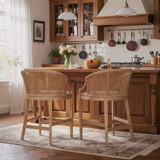 Sunvega Handcrafted Natural Rattan Counter Stool with Soft Linen Upholstery and Solid Wood Legs