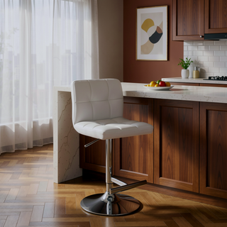 Sunvega Adjustable White Upholstered Armless Bar Stool with Plush Cushioning