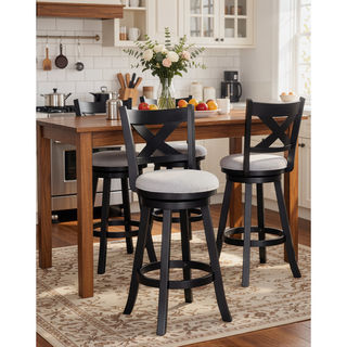 Sunvega Contemporary Black Frame Fabric Upholstery Swivel Pub Stools with Footrest