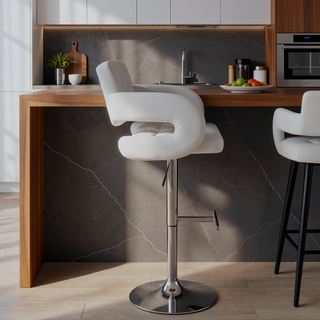 Sunvega Adjustable Bar Stool with Upholstered Seat and Pedestal Base in White Finish