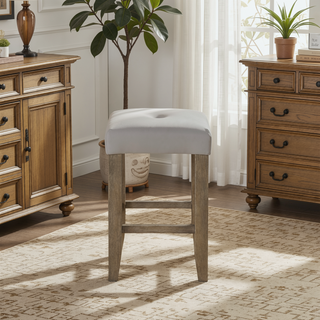 Sunvega Oak Finish Wooden Frame Counter Height Stools with Gray Synthetic Leather Seat
