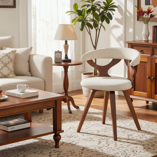 Sunvega Mid-Century Modern Swivel Dining Chair with Cream Fabric and Walnut Legs