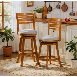 Sunvega Cherry Finish Beige Fabric Slat Back Swivel Stool for Counter Height
