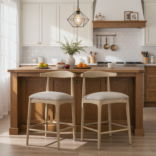 Sunvega Mid-Century Modern Rubberwood Counter Stool with Curved Backrest and Puffy Seat