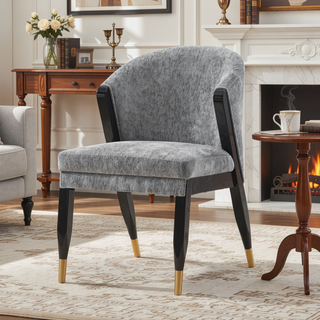 Sunvega Modern Elm Wood and Chenille Upholstered Dining Chair with Gold Tips