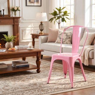 Sunvega Set of 2 High Gloss Pink Industrial Metal Dining Chairs with 18 Inch Seat Height