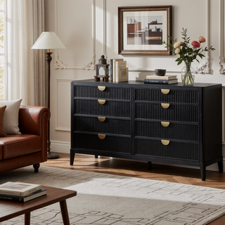 Sunvega Mason Black Wood Dresser with Wire Brushed Finish and Golden Handles