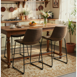 Sunvega Antique Brown PU Leather Counter Height Stools with Iron Frame, Set of 2