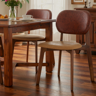 Sunvega Mid-Century Modern Black Vegan Leather Dining Chairs with Walnut Base Set of 2