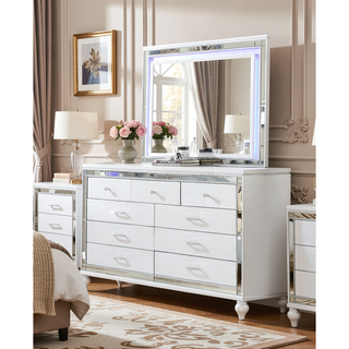Sunvega Silver Mirror Framed 6-Drawer Dresser with Diamond Accent Handles