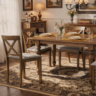 Sunvega Antique Oak Wood Dining Chair Set with Open X Back and Padded Cushion