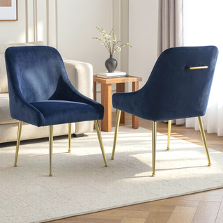 Sunvega Dark Ink Blue and Gold Wingback Dining Chair with Plush Cushions and Metal Legs