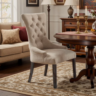 Sunvega Beige Linen Upholstered Dining Chairs with Weathered Espresso Wooden Legs Set of 2