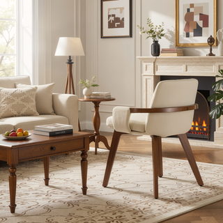Sunvega Mid-Century Modern Cosmo Chair with Walnut Wood Legs and Cream Faux Leather