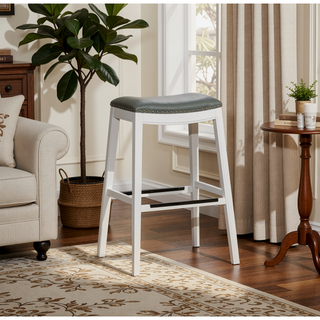 Sunvega Natural Finish Saddle Leather Seat Counter Stool with Footrest and Nail Head Trim