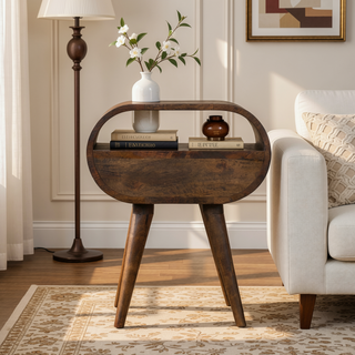 Sunvega Solid Wood Grey Washed Circular Bedside Table with 1 Drawer and Open Slot